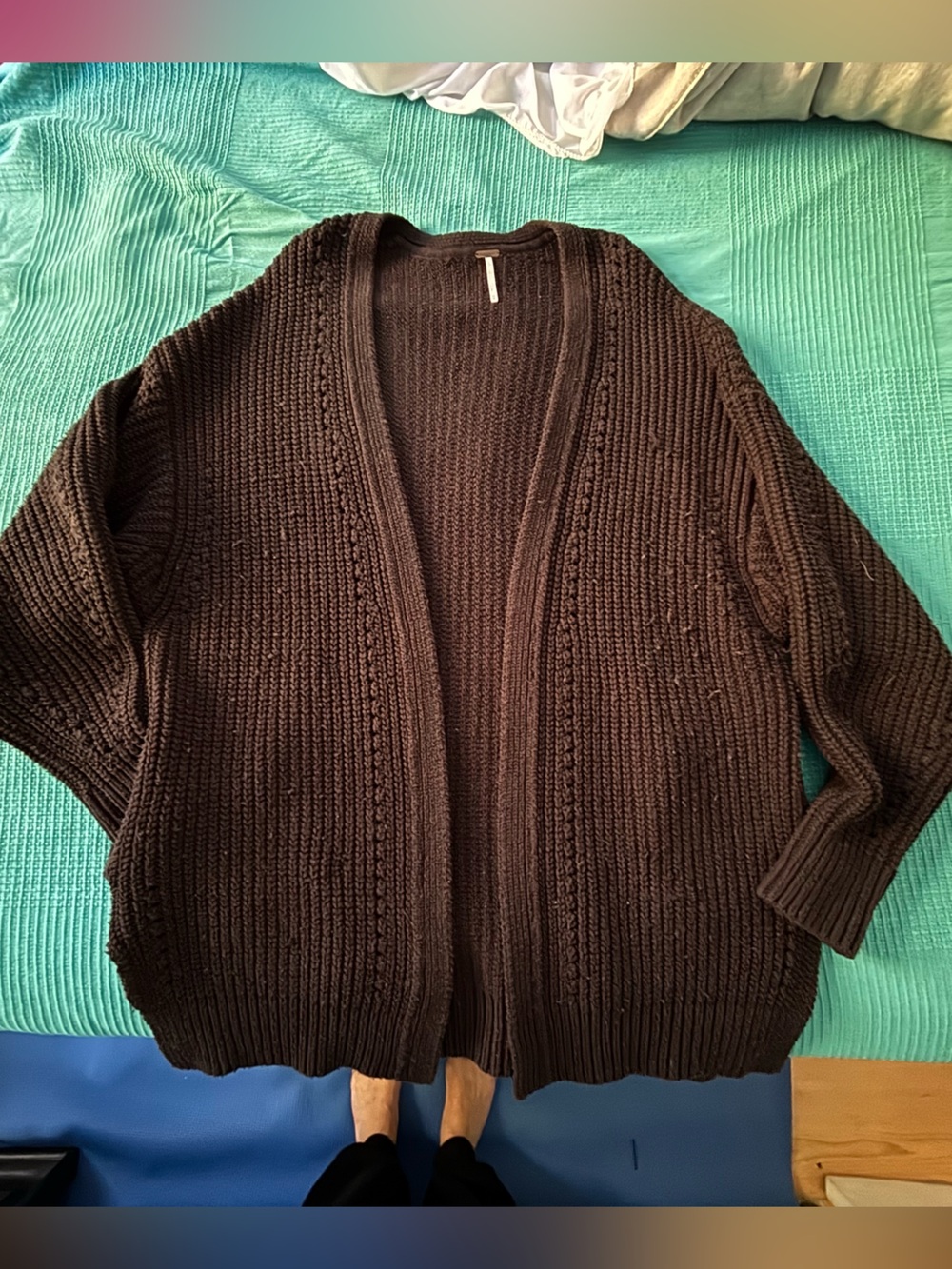 Free People Black Open-Front Chunky Knit Cardigan, Large